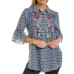Johnny Was Taryn cotton floral embroidered blue & white check tunic. Sz S. NWT